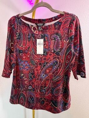 Ralph Lauren Red Paisley Short Sleeve Boatneck Top